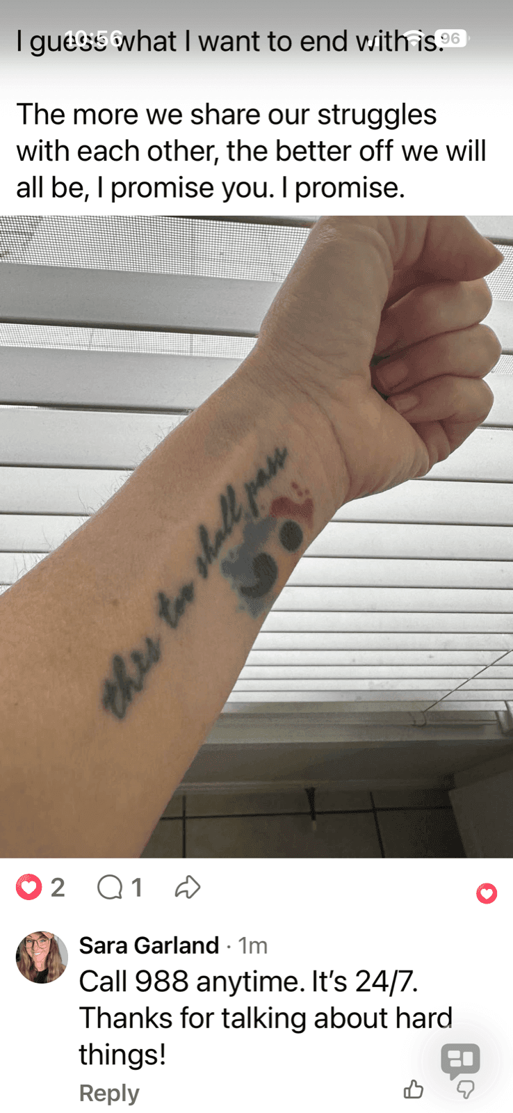 Amber Laird's semicolon tattoo, with rainbow color and the word added later.