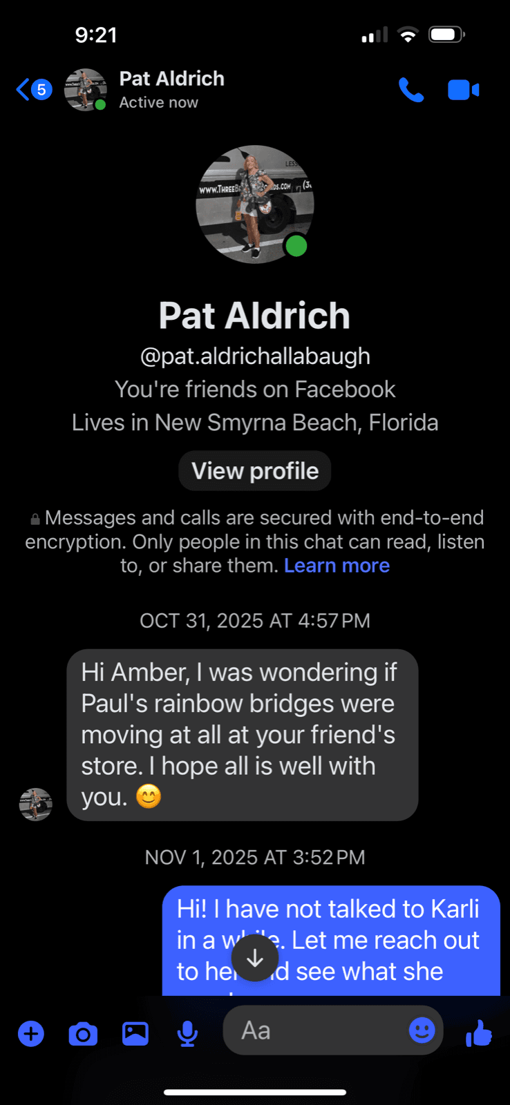 Pat's first message to Amber, October 31, 2025. Asking about Paul's rainbow bridges at Karli's store.