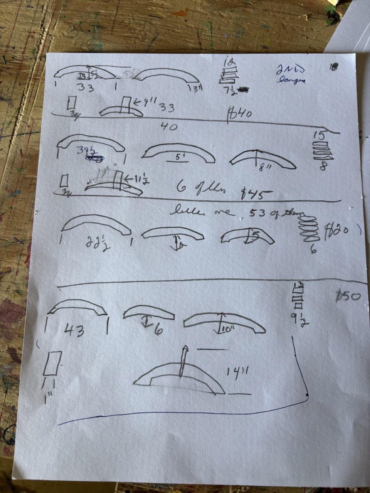 Paul Allabaugh's handwritten pricing sketch showing $20, $40, $45, and $50 for different bridge sizes, with quantities and dimensions in pencil