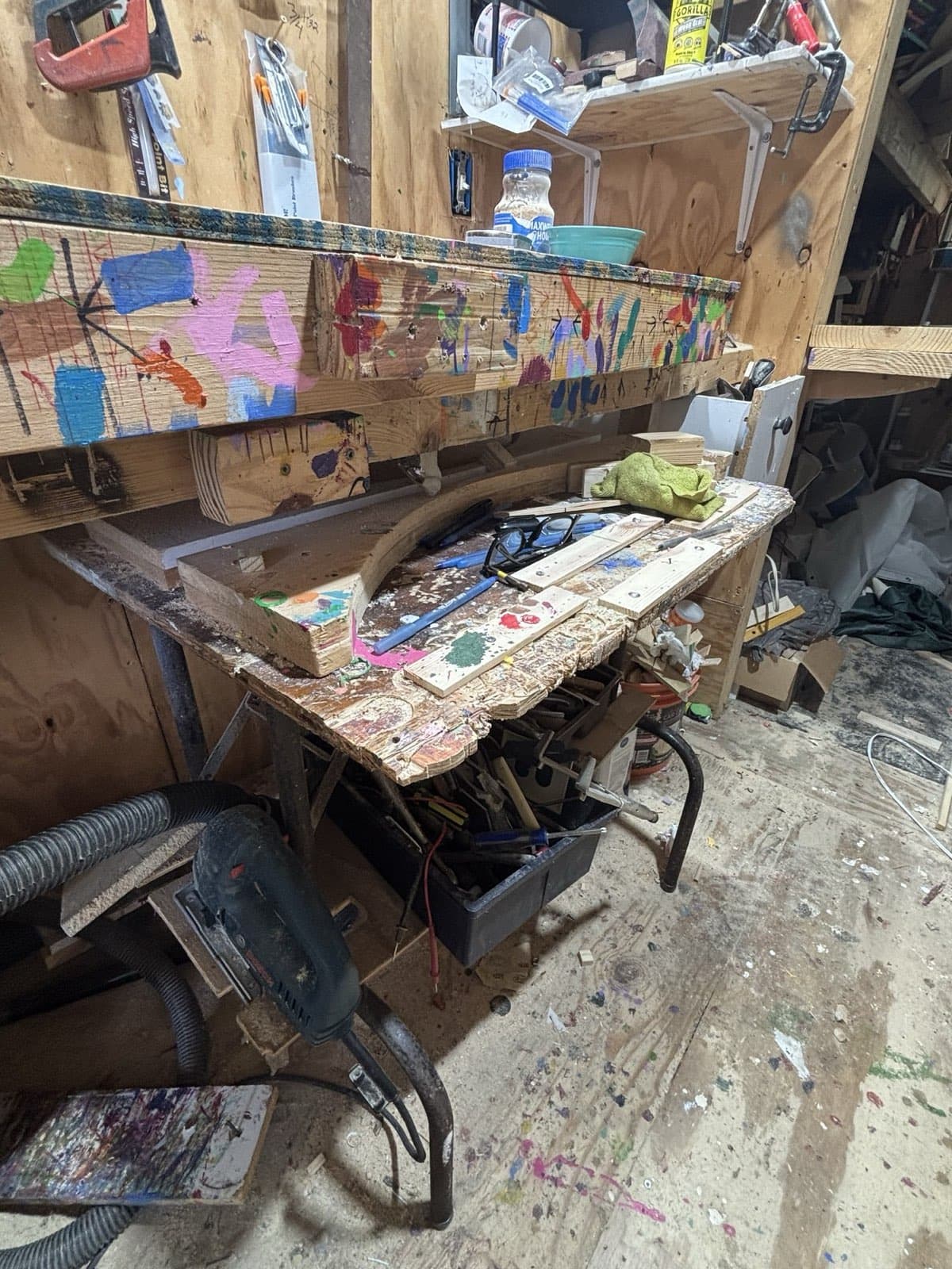 Paul Allabaugh's workbench in his New Smyrna Beach workshop, where every Rainbow Bridge was built by hand
